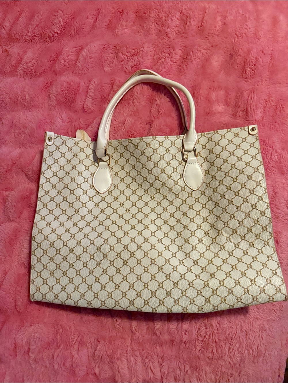 Cream Patterned Tote Bag with White Leather Handles